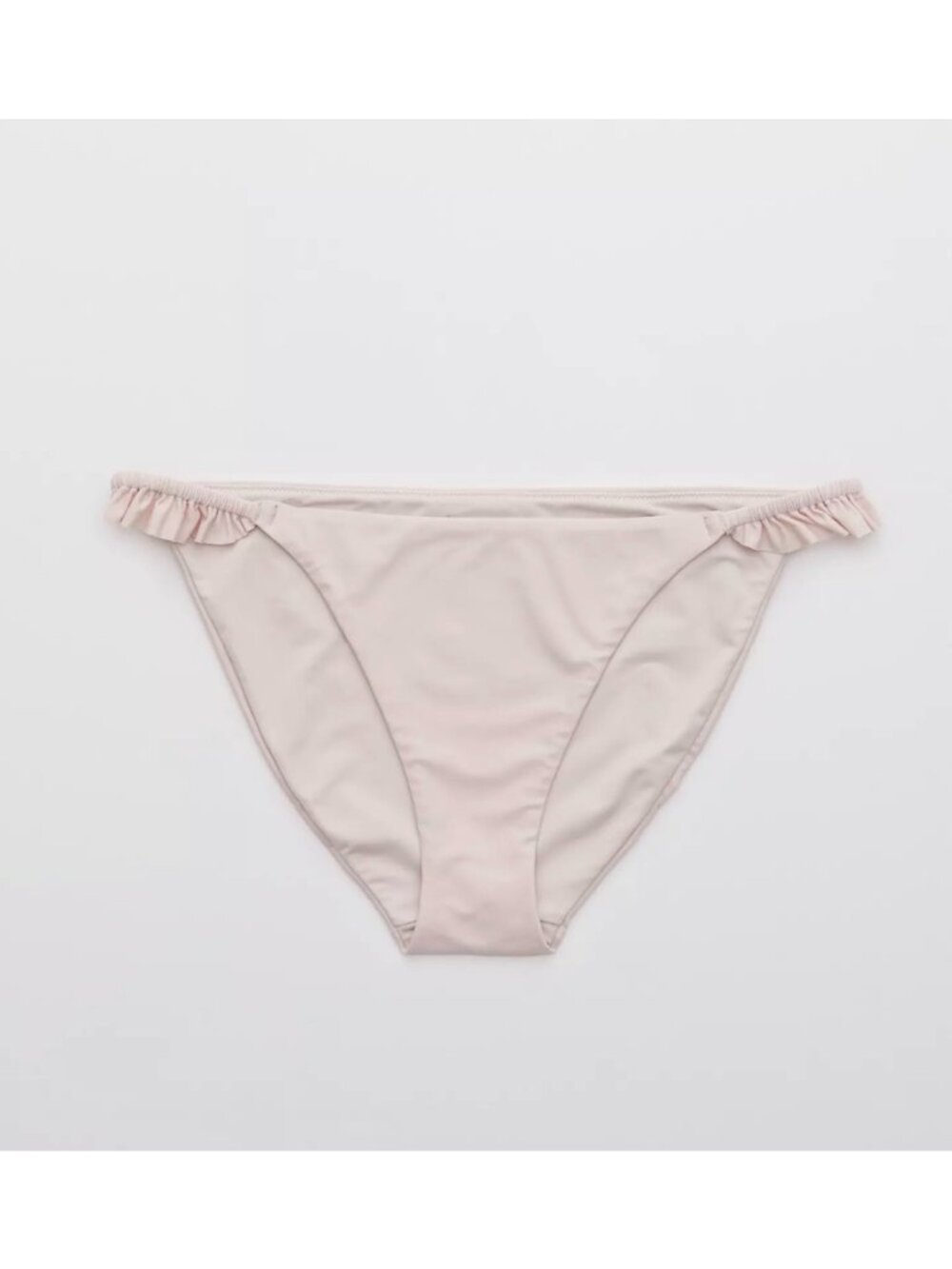 AERIE Ruffle Cheeky Bikini Bottoms Sz S Nude Pink Lettuce Trim Stretchy Swimwear